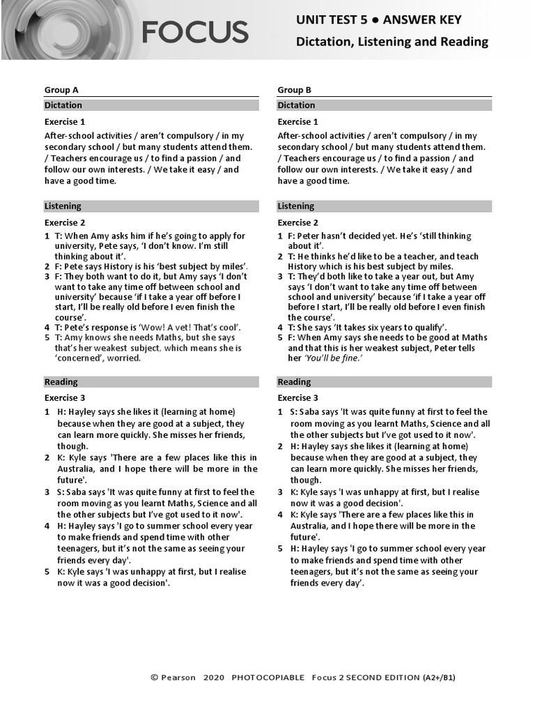 focus 2 unit 5 test answer key