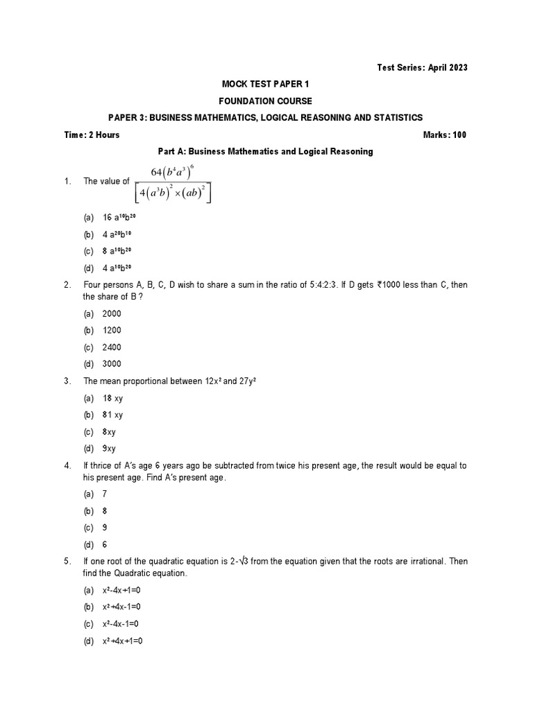April 2023 Business Mathematics Test Paper | PDF | Mean | Coefficient ...