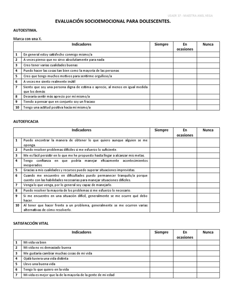 Evaluación Socioemocional para Dolescentes | PDF | Autoestima | Toma de ...