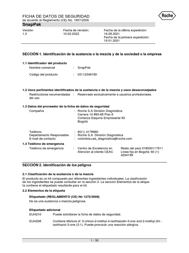 Hoja de Seguridad Snap Pak | PDF | Agente oxidante | Agua