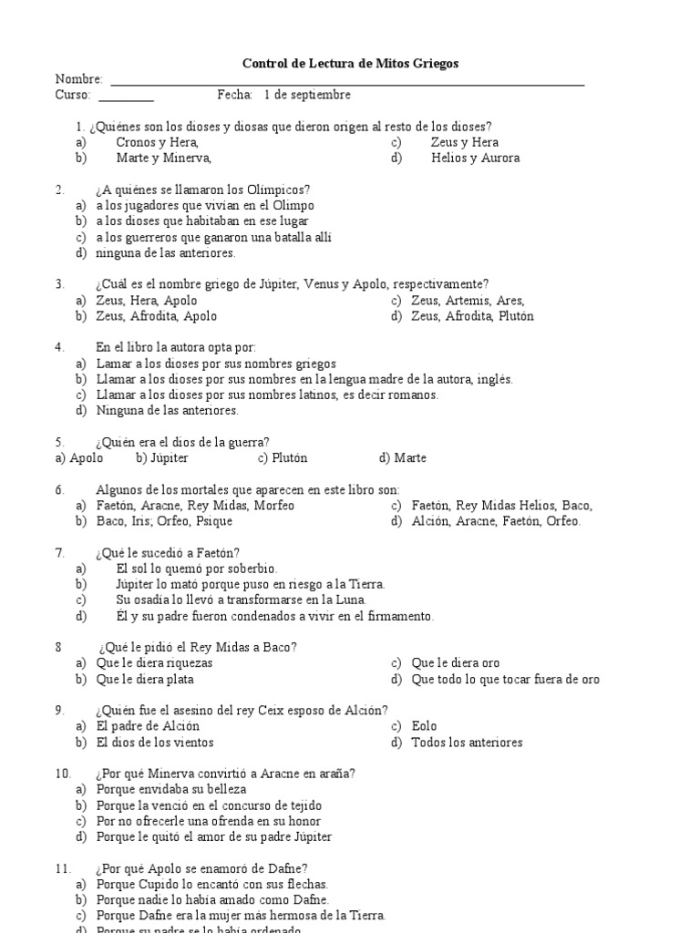 Resumen Del Libro Mitos Griegos Rincon Del Vago Control de Lectura de Mitos Griegos | PDF | Hera | Zeus