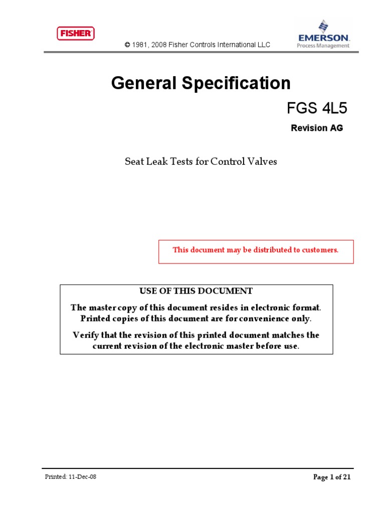 Control Valve Seat Leakage Test Proceedures, Genenral Specification
