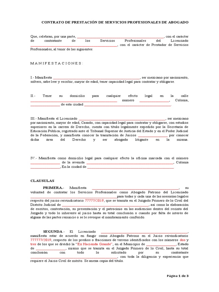 Contrato De Prestación De Servicios Profesionales De Abogado Pdf 
