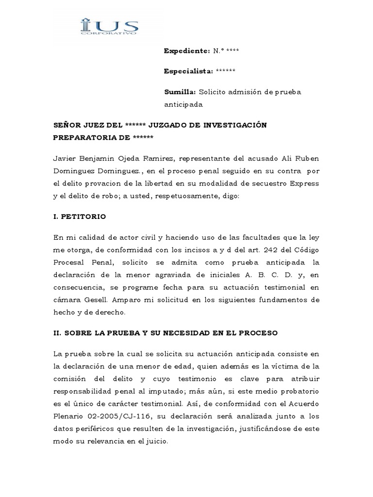 Modelo Prueba Anticipada Proceso Penal LP 1 CORREGIDO | PDF