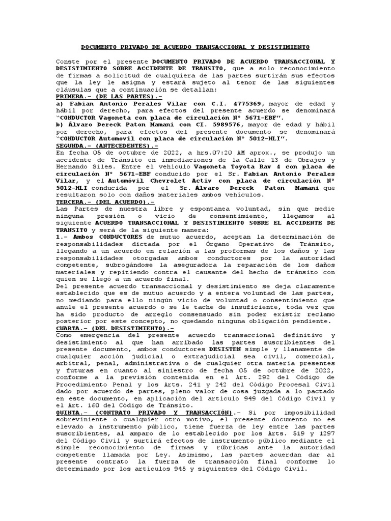 Acuerdo Transaccional y Desistimiento | PDF | Justicia | Crimen y violencia
