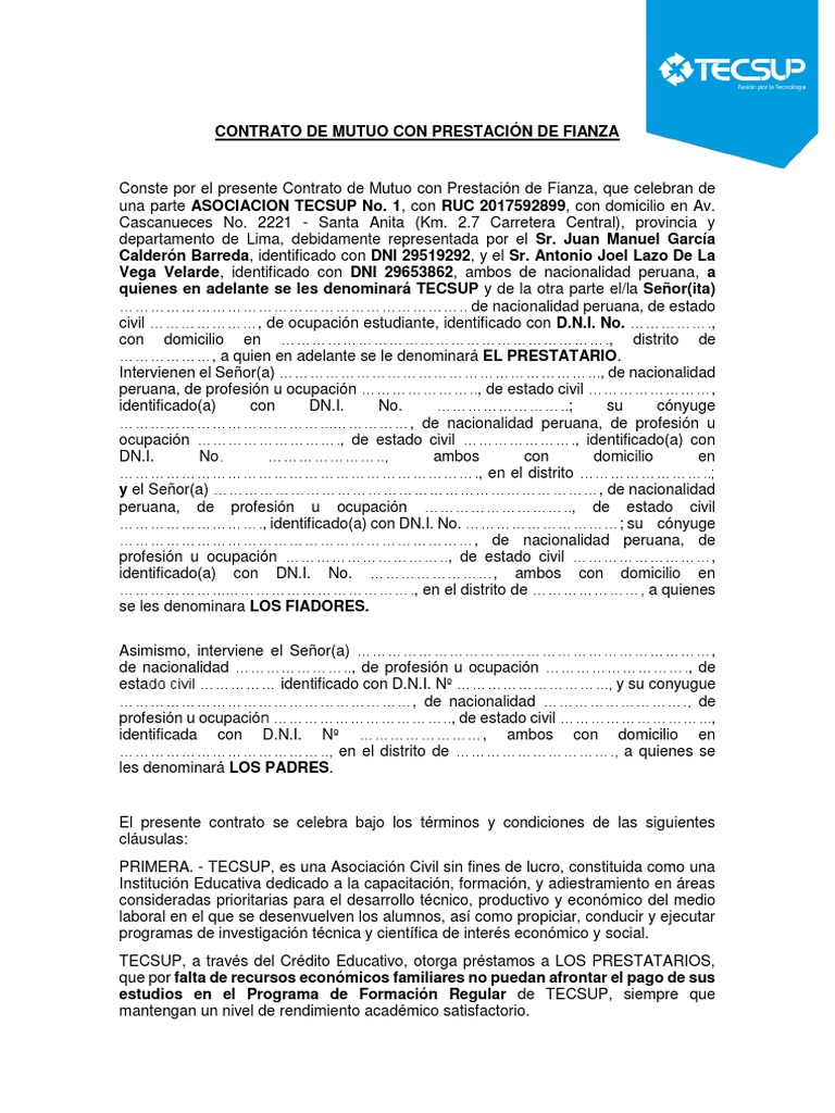 Contrato de Mutuo Con Prestación de Fianza | PDF | Crédito | Finanzas y ...