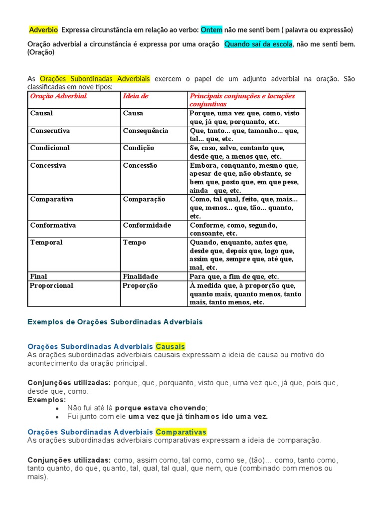 Classificação das Orações Adverbiais | PDF | Mecânica da linguagem ...