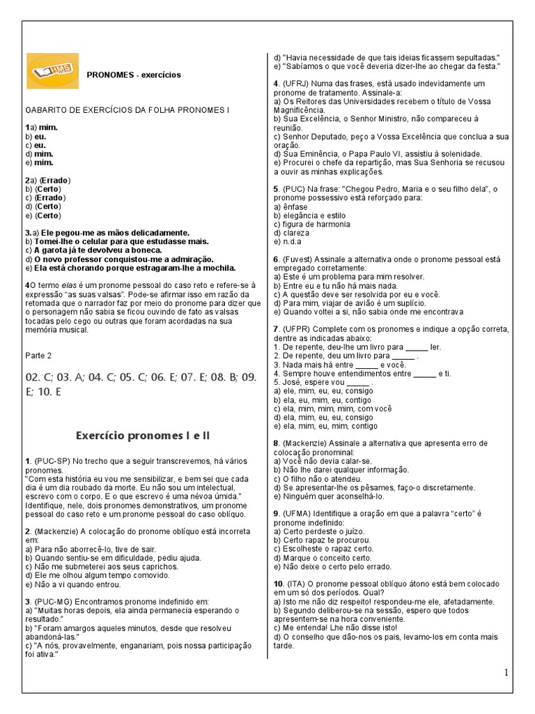 Pronomes Gabarito | PDF | Pronome | Linguística