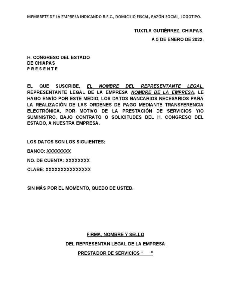 Carta ejemplo para datos bancarios por transferencia electronica pdf