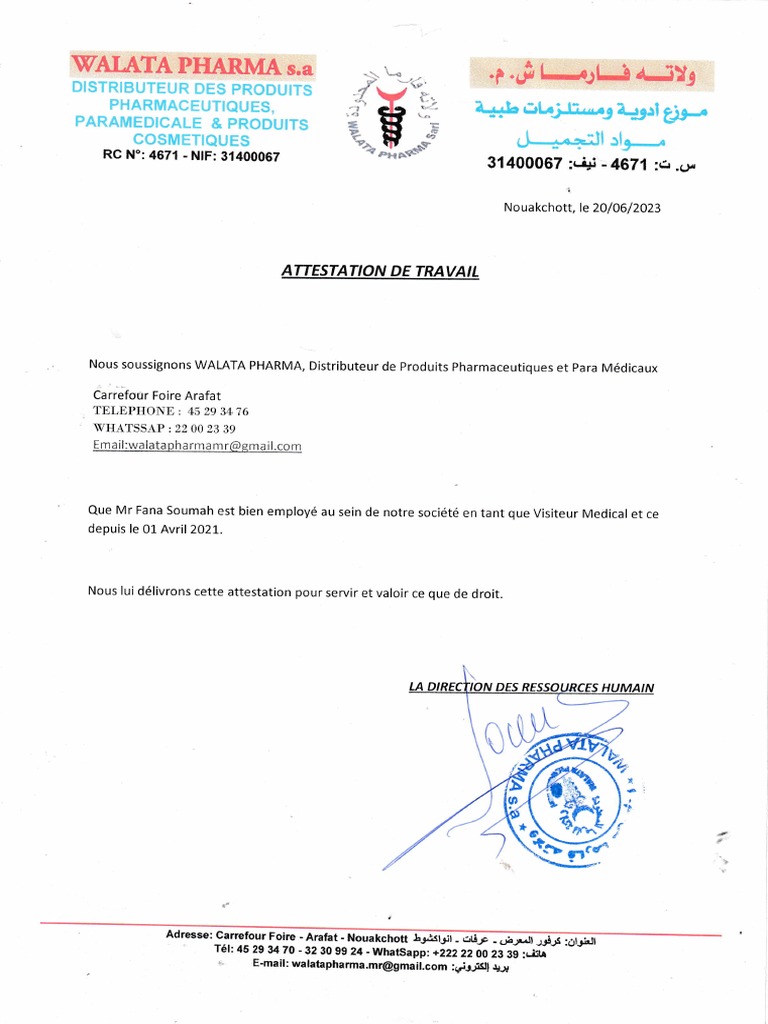 Attestation de travail - Walata Pharma | PDF | Sciences pharmaceutiques ...