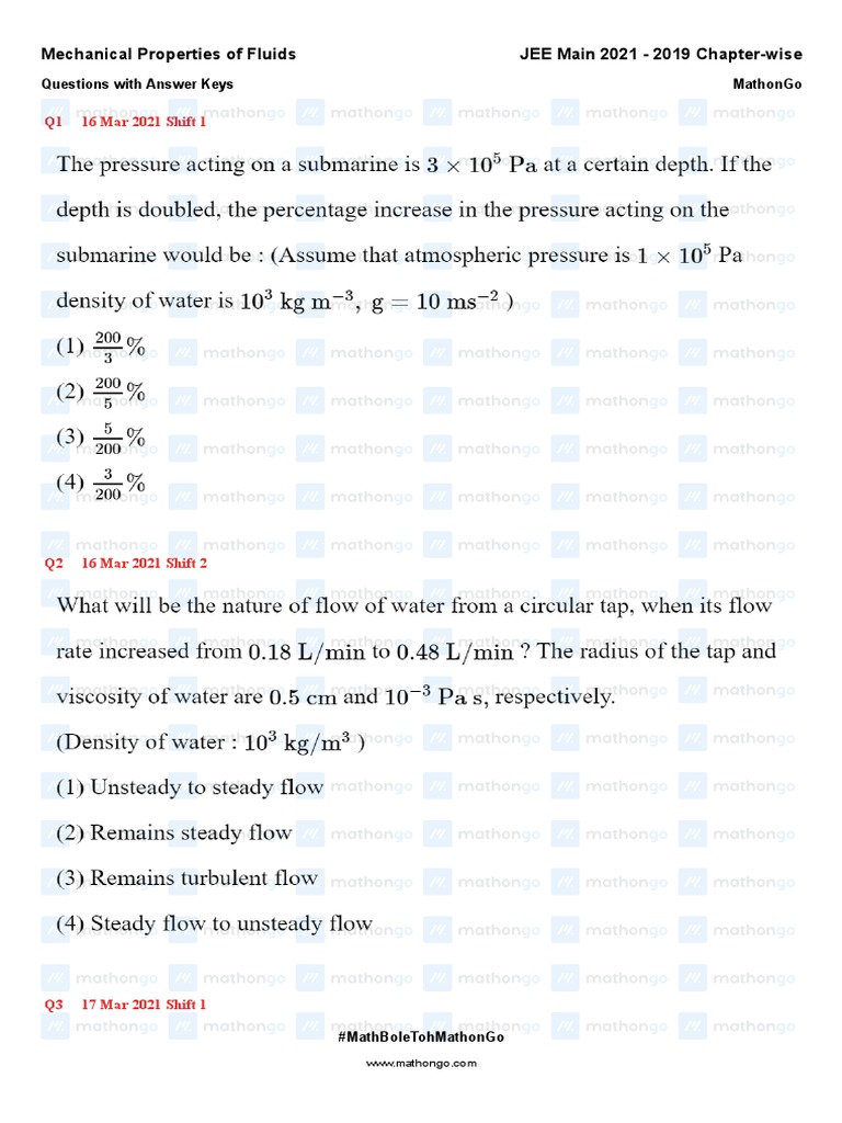 JEE Main Fluid Mechanics Q&A Guide | PDF
