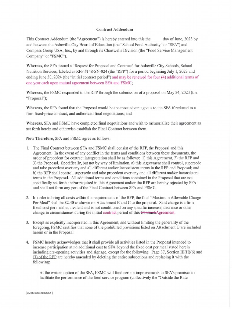 Contract Agreement With Compass Group USA Through Chartwells Divison PDF
