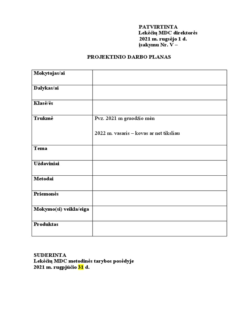 Projektinio Darbo Planui | PDF