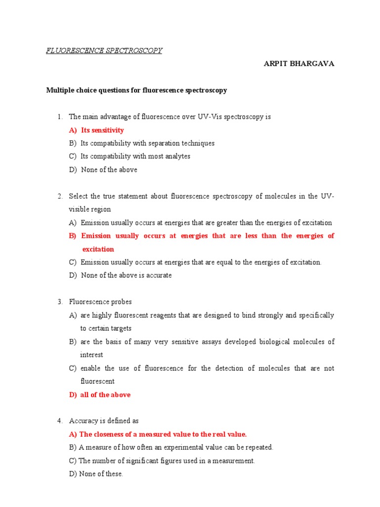 Multiple Choice Questions for Fluorescence Spectroscopy