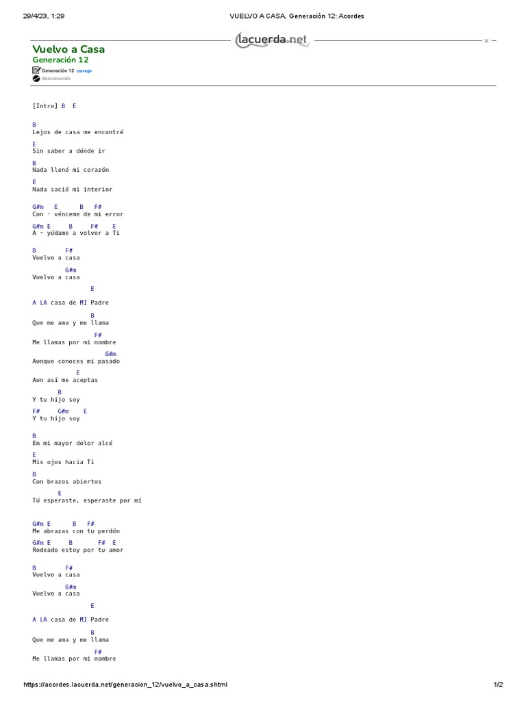 VUELVO A CASA, Generación 12 Acordes PDF