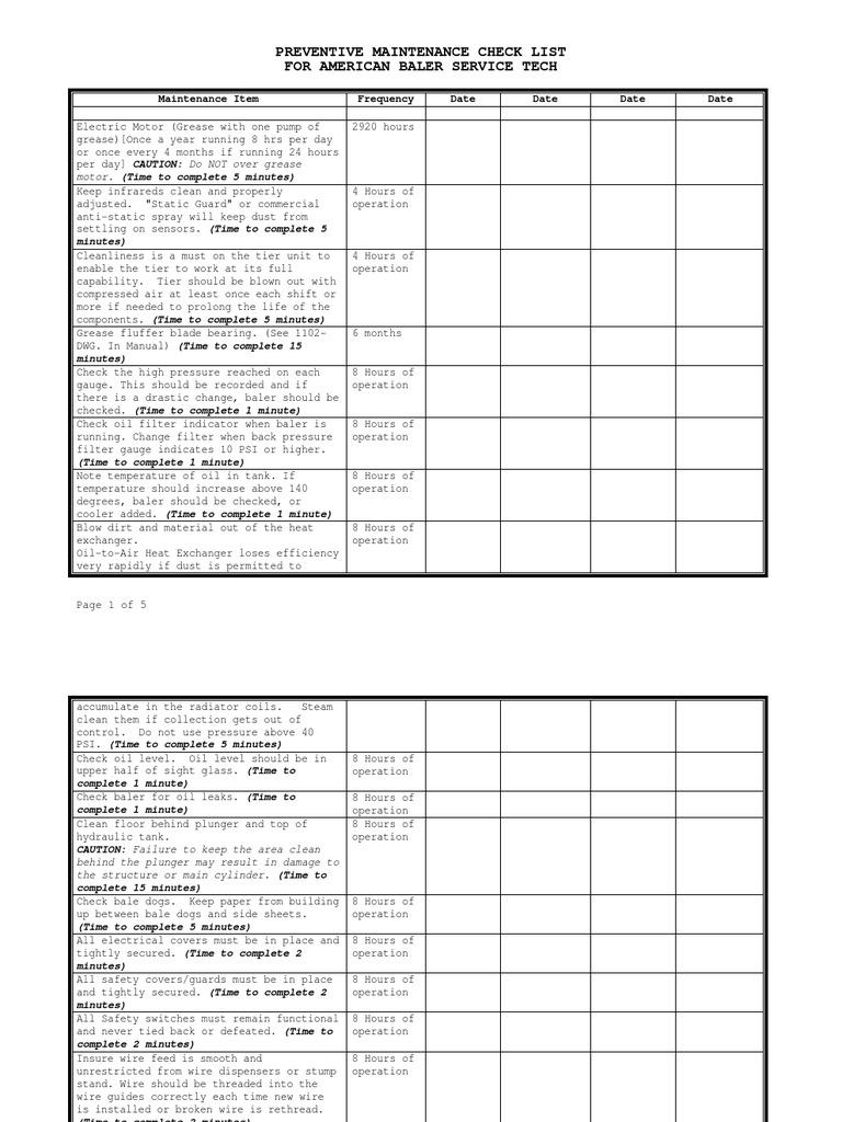 Baling Machine Checklist Bearing (Mechanical) Heat Exchanger