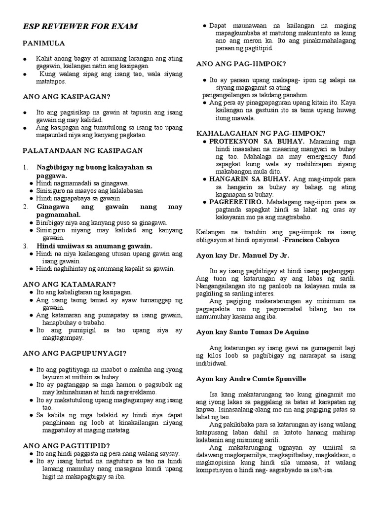 Esp Reviewer For Exam: 1. Nagbibigay NG Buong Kakayahan Sa | PDF