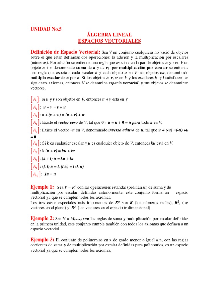Unidad 5 Espacios Vectoriales | PDF | Espacio vectorial | Base (álgebra ...