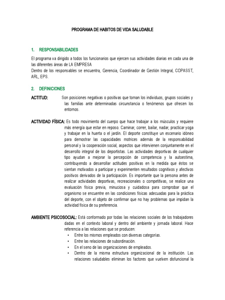 Programa de Habitos de Vida Saludable | PDF | Comportamiento | Las ...