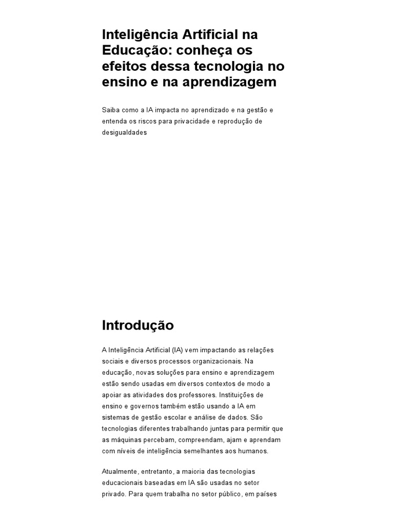 Impactos da IA na Educação e Aprendizagem | PDF | Inteligência ...