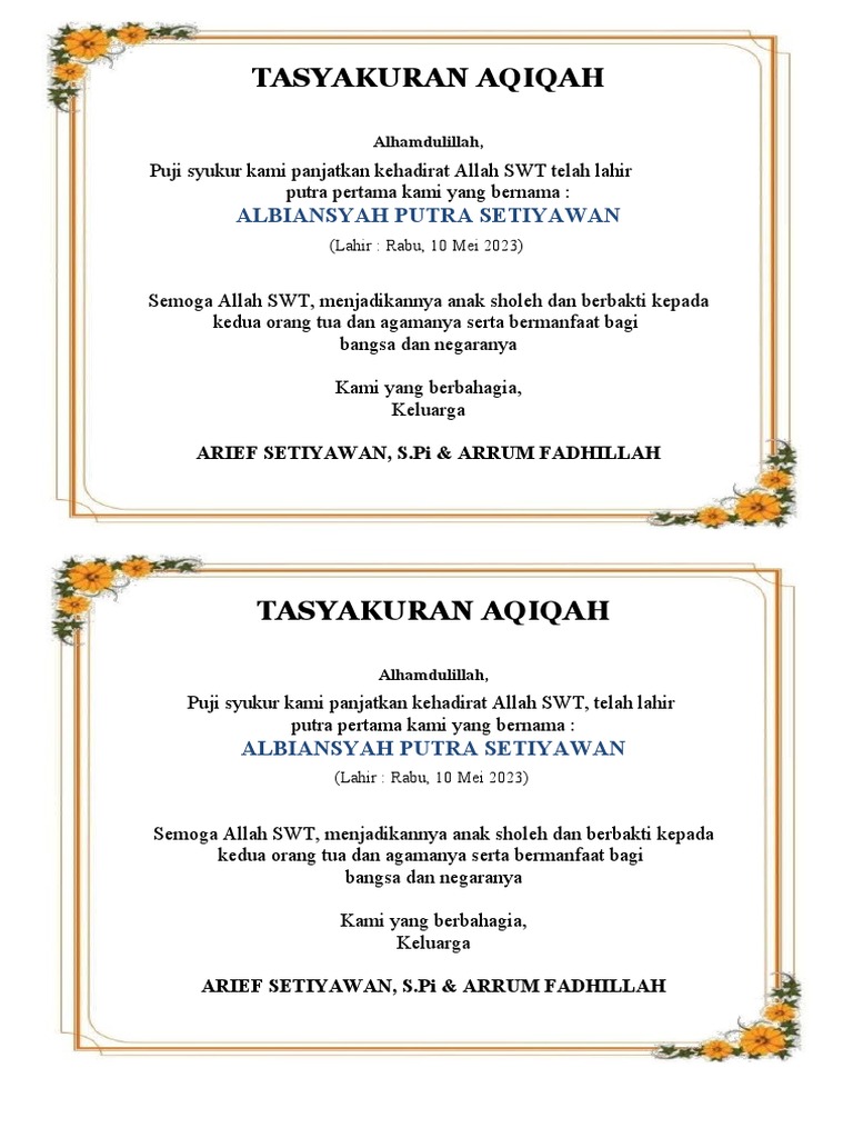 Undangan Tasyakuran Dan Aqiqah | PDF