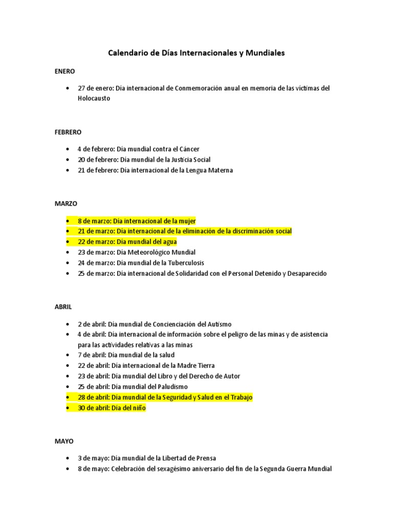 Calendario de d as internacionales y mundiales pdf