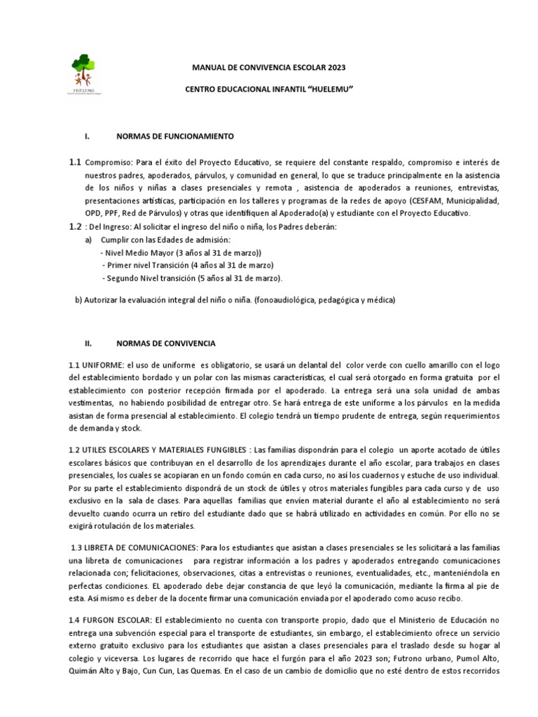Normas de Convivencia Escolar 2023 | PDF | Educación de la primera ...