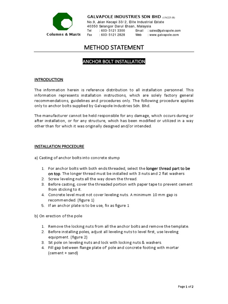 Method Statement Anchor Bolt Installation PDF Screw Nut (Hardware)