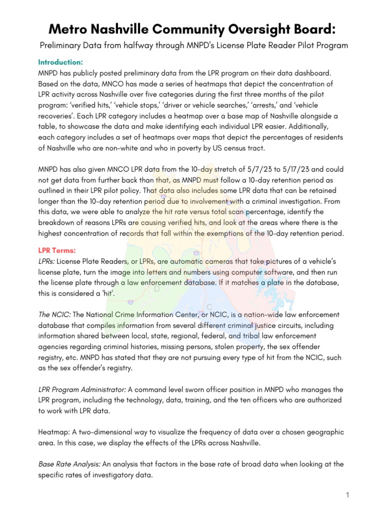Metro Nashville Community Oversight Board LPR Pilot Preliminary Report ...