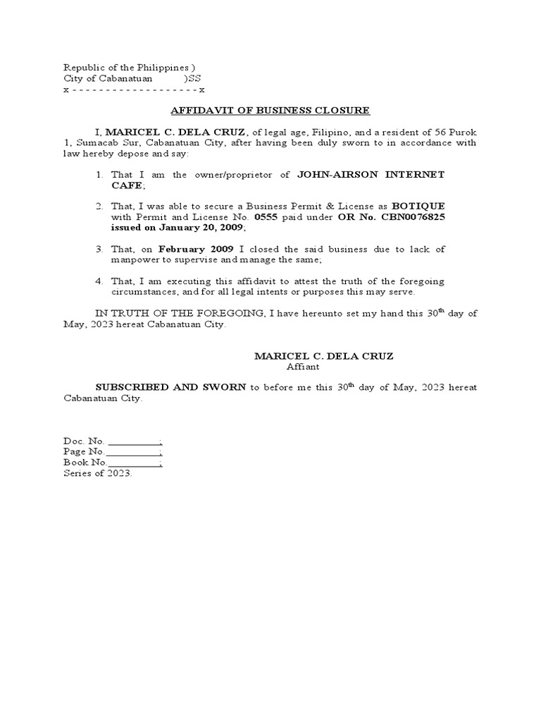 Affidavit of Business Closure | PDF | Law