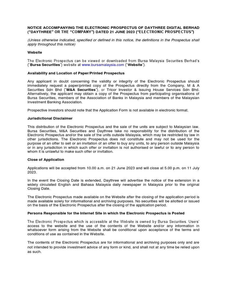 Daythree Digital Berhad Prospectus Part 1 Download Free Pdf