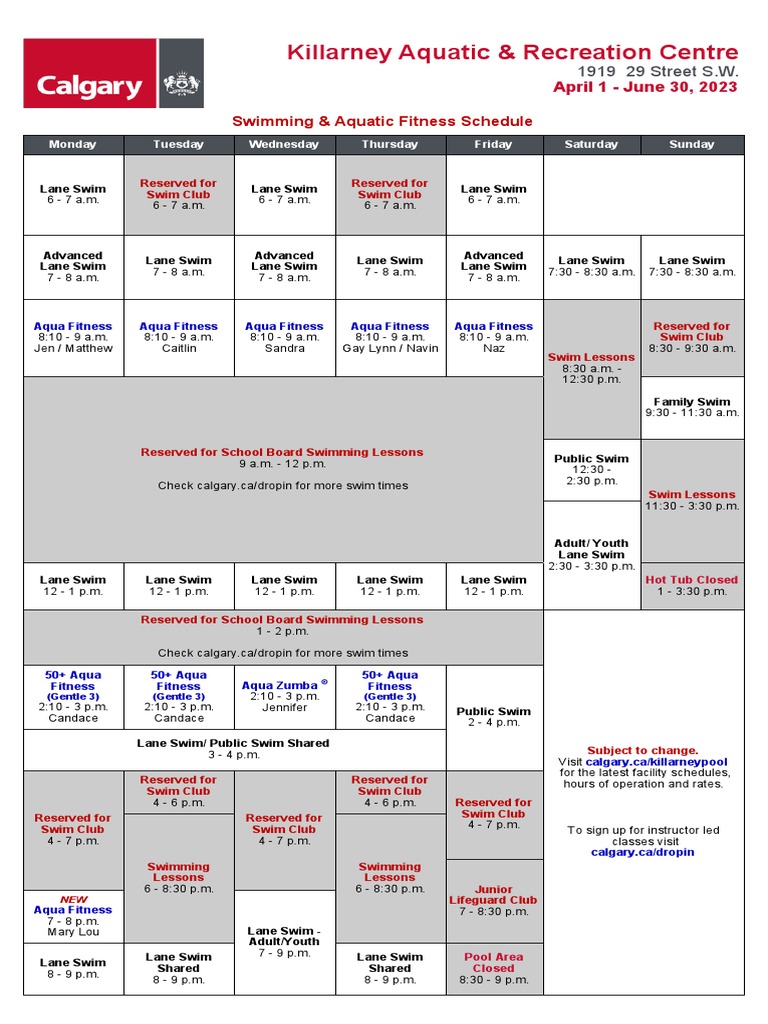 Killarney Schedule PDF Swimming Physical Fitness
