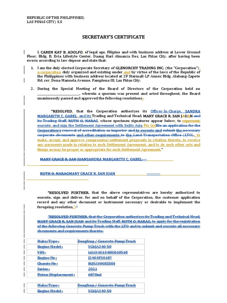 Secretary Certificate for Glenorchy Trading | PDF