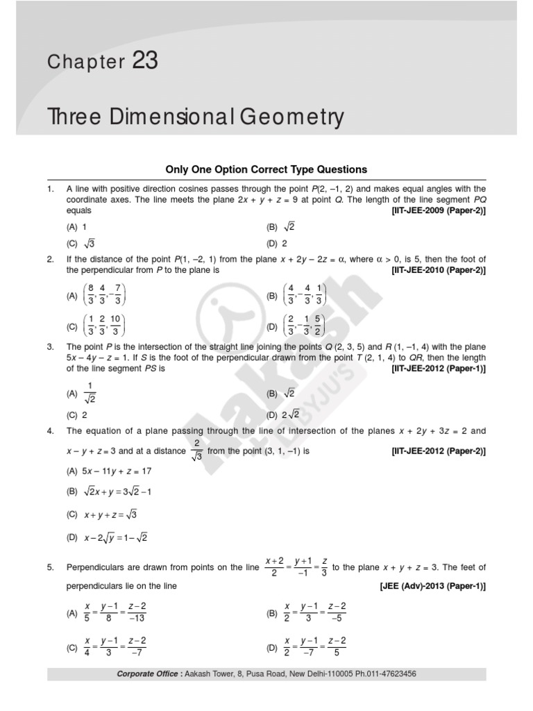 3D Geometry Questions for JEE Advanced | PDF | Line (Geometry) | Plane ...