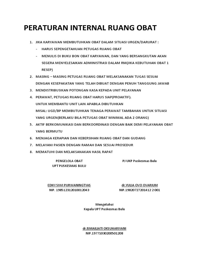 Peraturan Internal Ruang Obat | PDF
