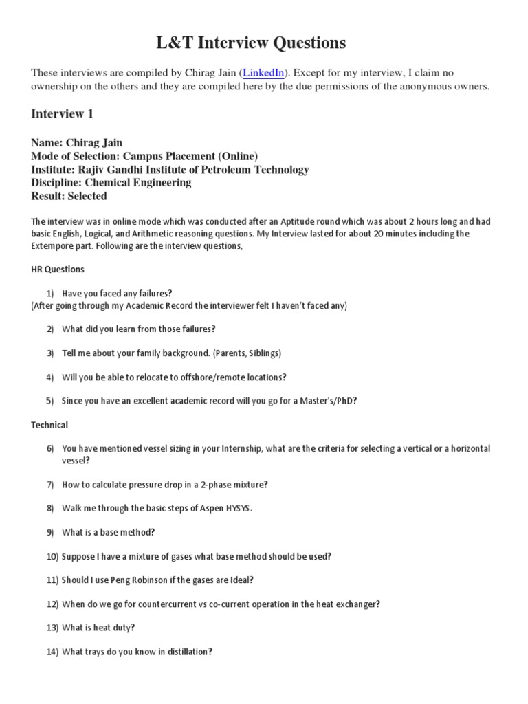 L&T Interview Questions PDF Distillation Heat Exchanger