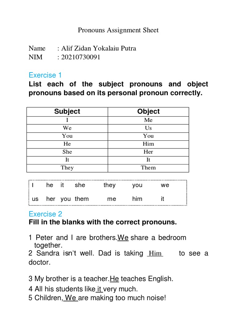 Examples Of Pronouns Exercises _ Personal Pronouns Subject And Object ...