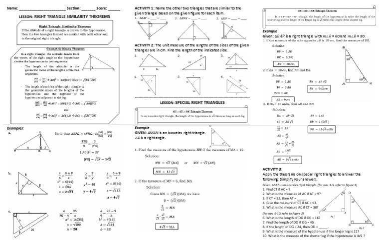 G9Q3 Right Triangle Similarity Theorems Special Right Triangles