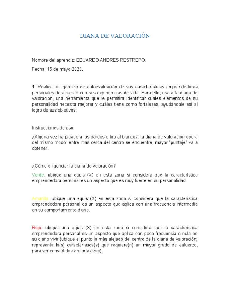 Anexo Diana de Valoracion - Evidencia de Aprendizaje - Ga1-240201533 ...