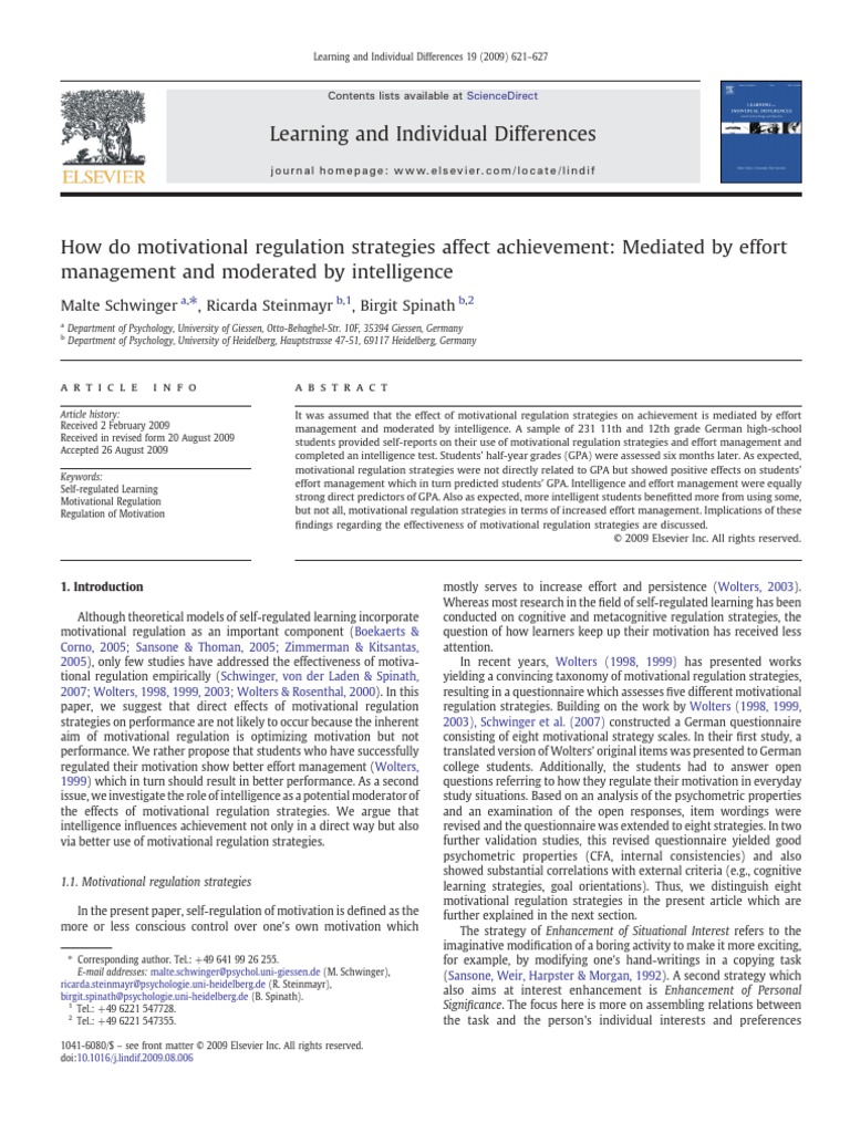 Learning and individual differences malte schwinger ricarda steinmayr