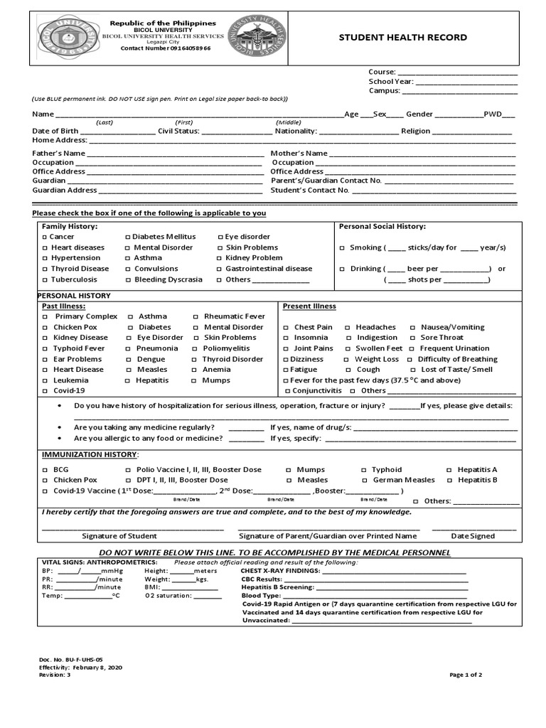 Bicol University Student Health Record Form | PDF | Vaccines | Clinical ...