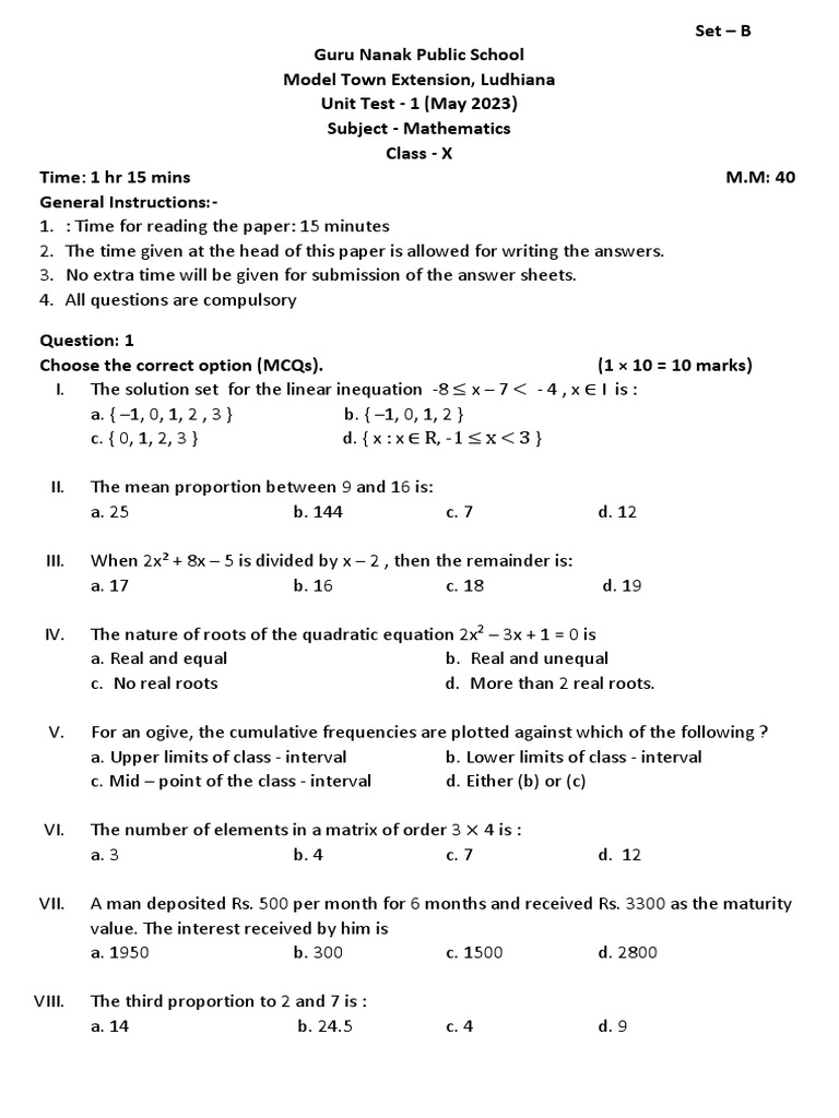 Class X Mathematics Unit Test May 2023 | PDF | Matrix (Mathematics ...
