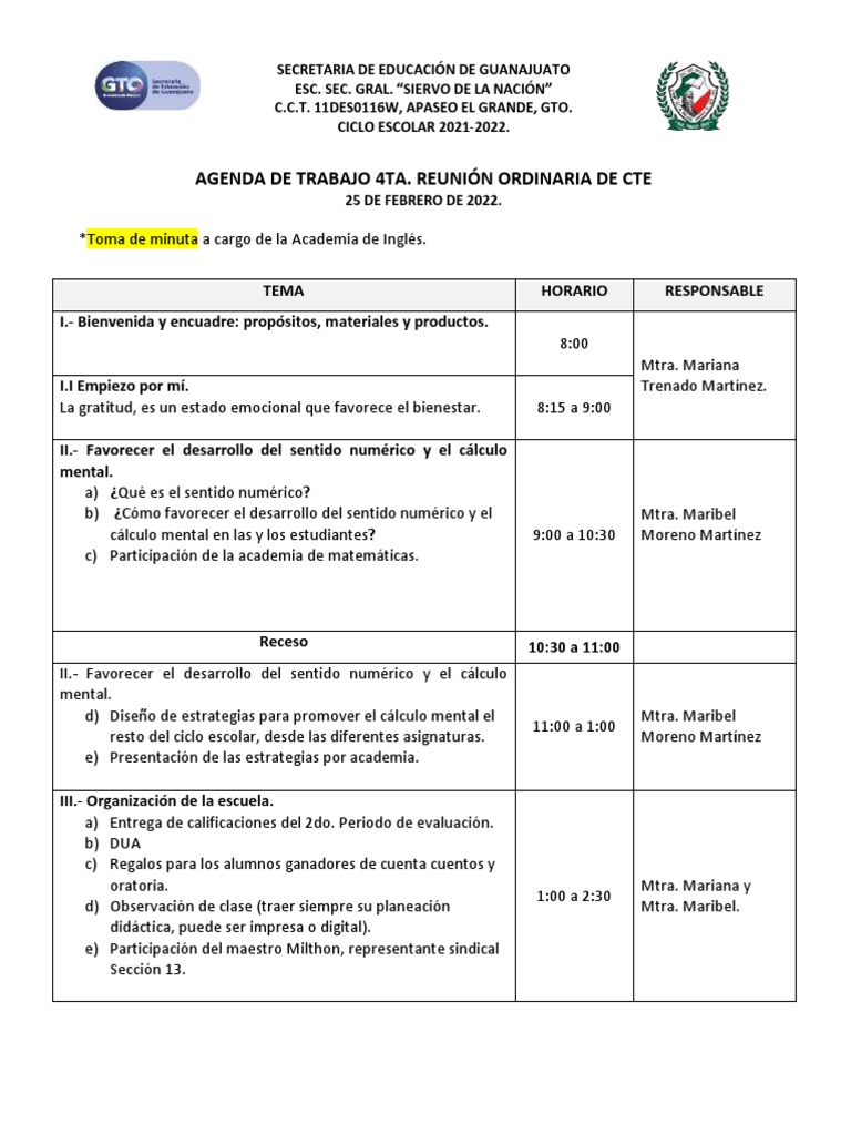 Agenda de Trabajo 4ta. Reunión Ordinaria de Cte | PDF