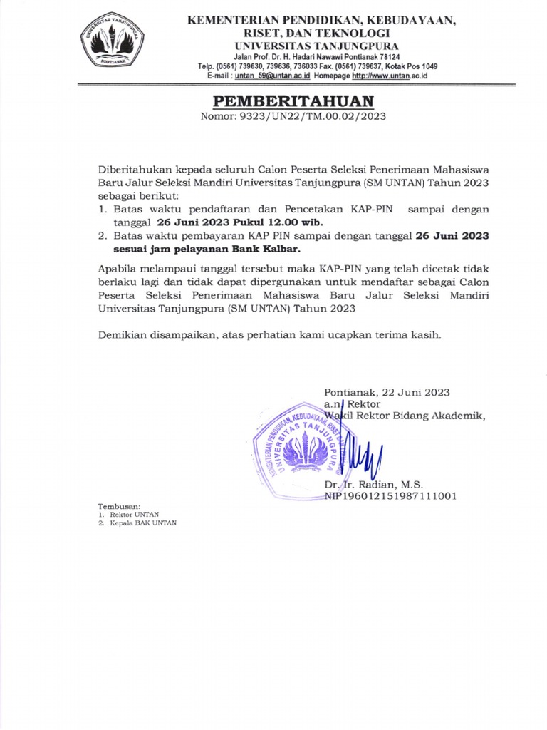 Pendaftaran Seleksi Mandiri UNTAN 2023 | PDF