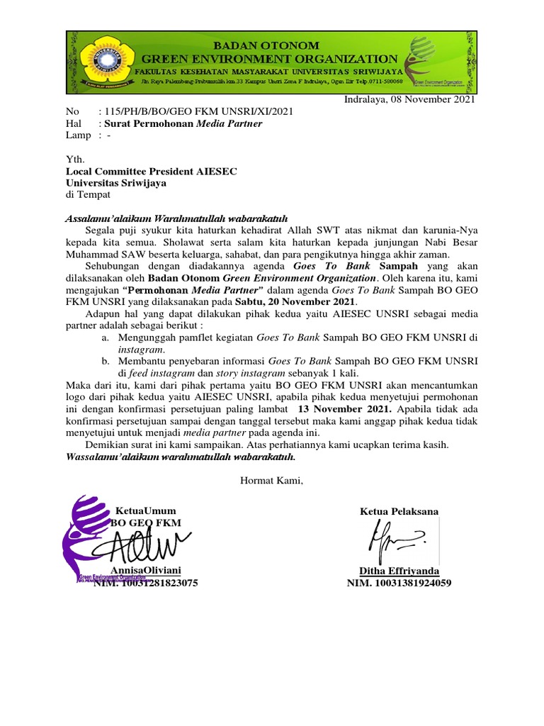 115 Surat Permohonan Media Partner Aiesec Unsri PDF