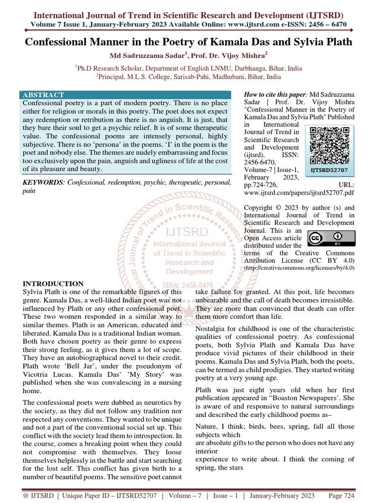 Confessional Manner in The Poetry of Kamala Das and Sylvia Plath PDF