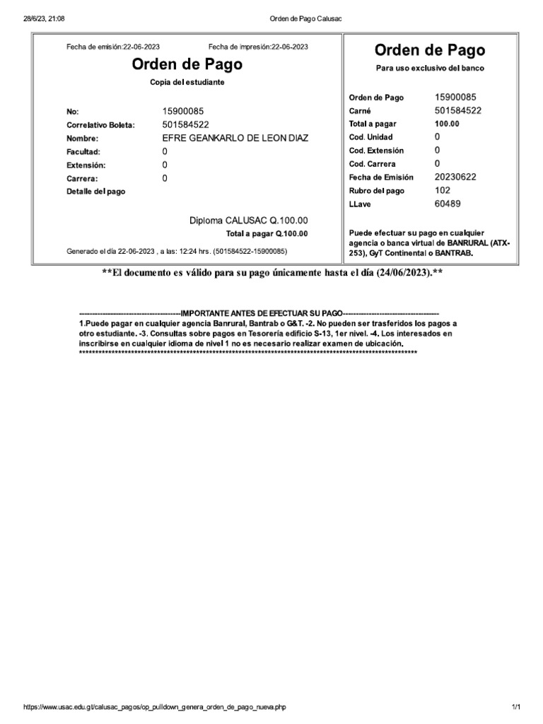 Orden de Pago Diploma | PDF
