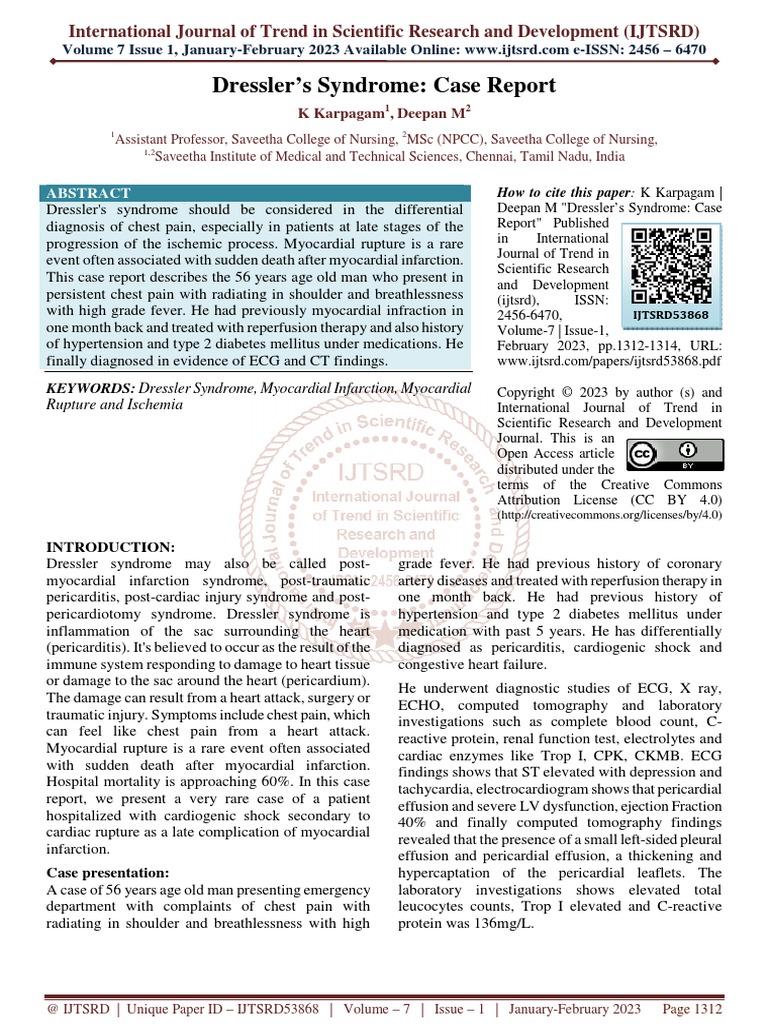 Dressler's Syndrome Case Report | PDF | Myocardial Infarction | Heart