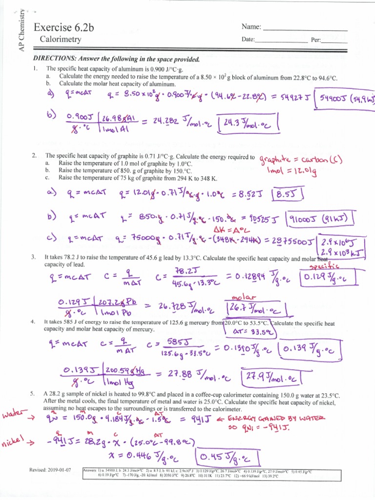 Exercise 6.2b Calorimetry Answers PDF