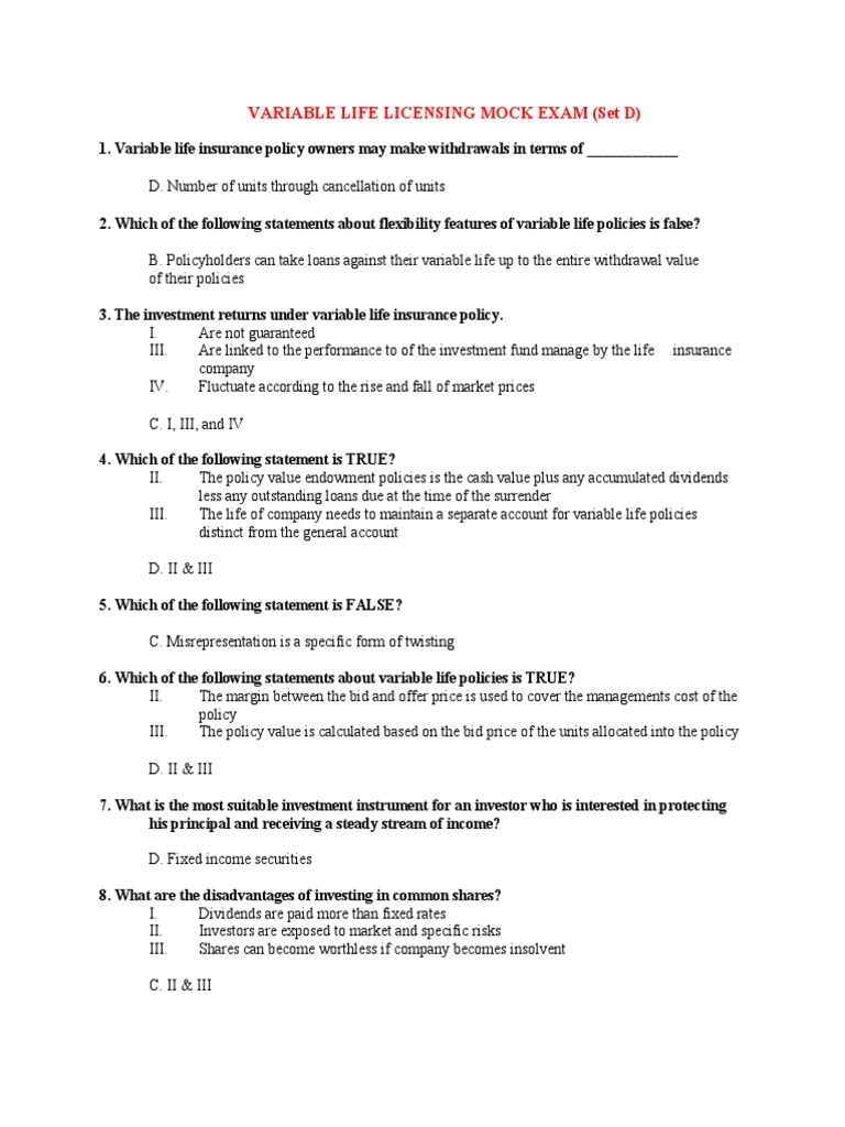 Variable Life Insurance Licensing Exam Guide | PDF | Investment Fund ...